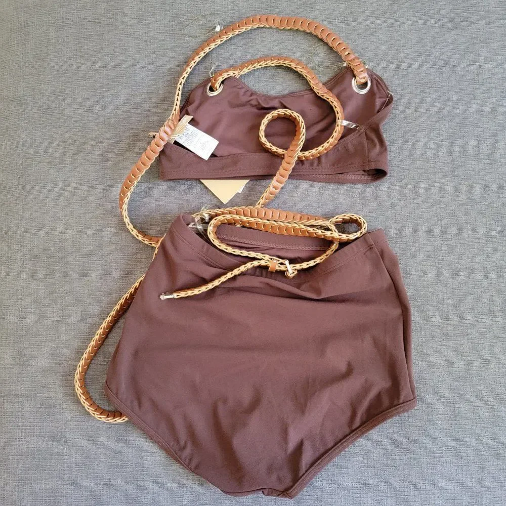 Michael Kors Women Brown Collection Swimsuit Crepe Belted Bikini Set Siz…